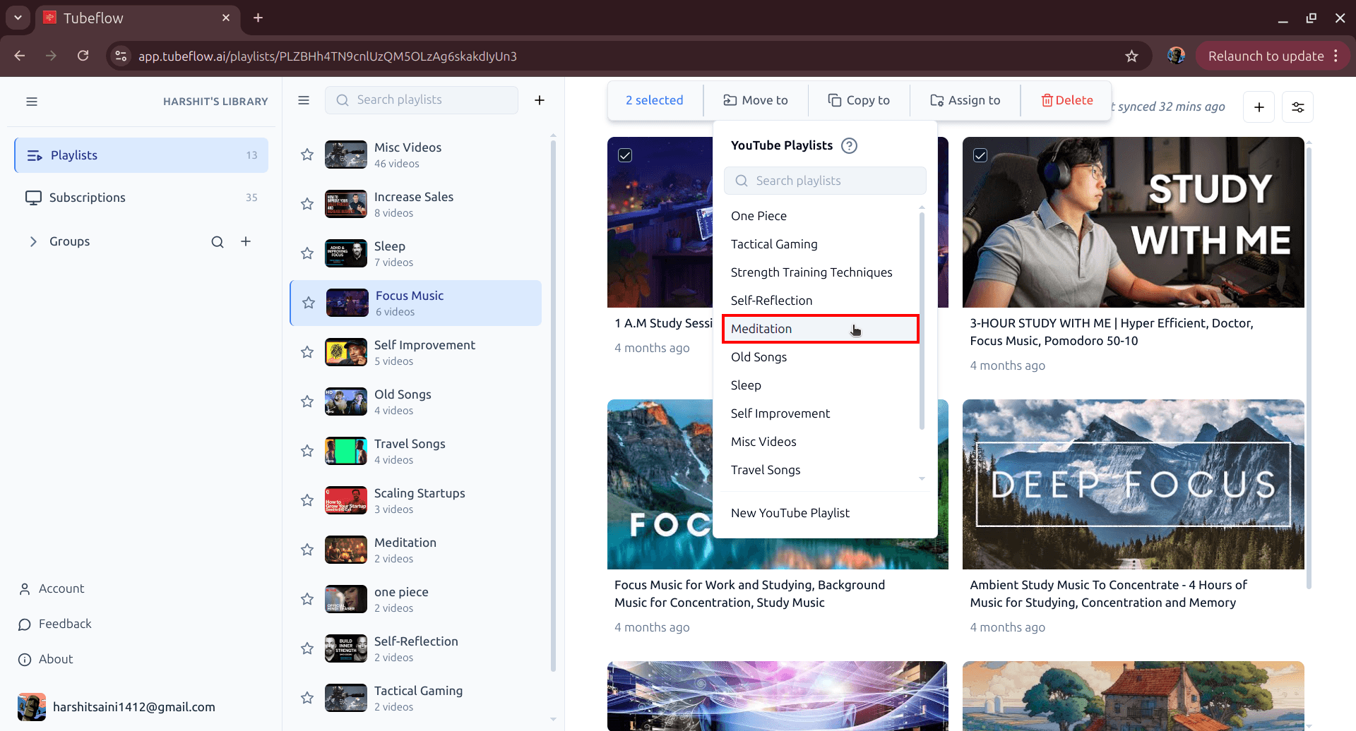 Choosing destination playlist from Move to menu in Tubeflow