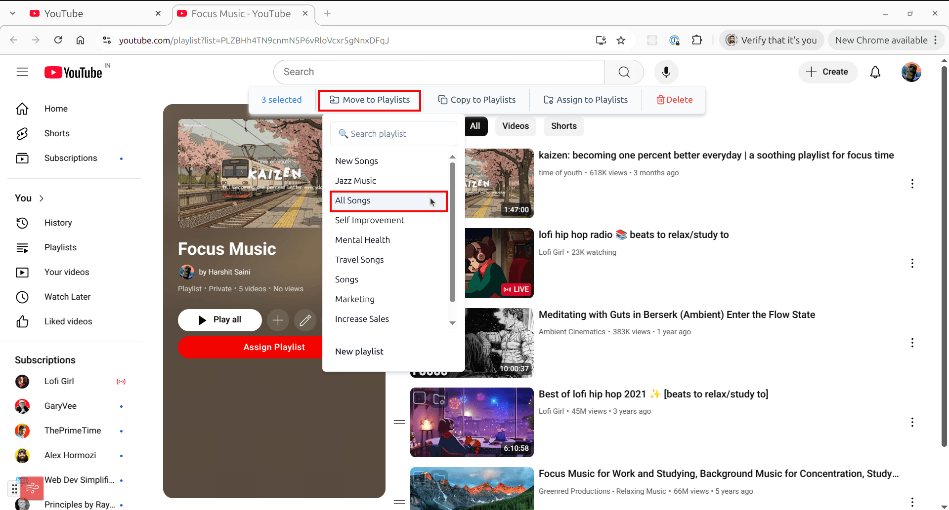 Click on destination playlist from move to playlist menu