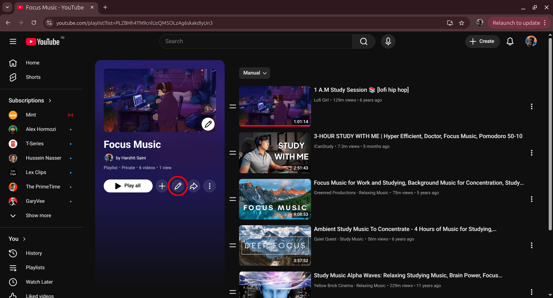 Opening final playlist and clicking edit option