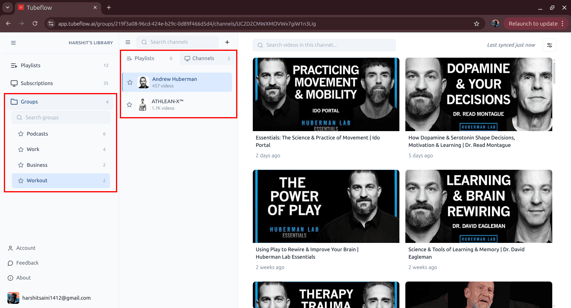 New channel group selected in sidebar showing grouped channels in TubeFlow
