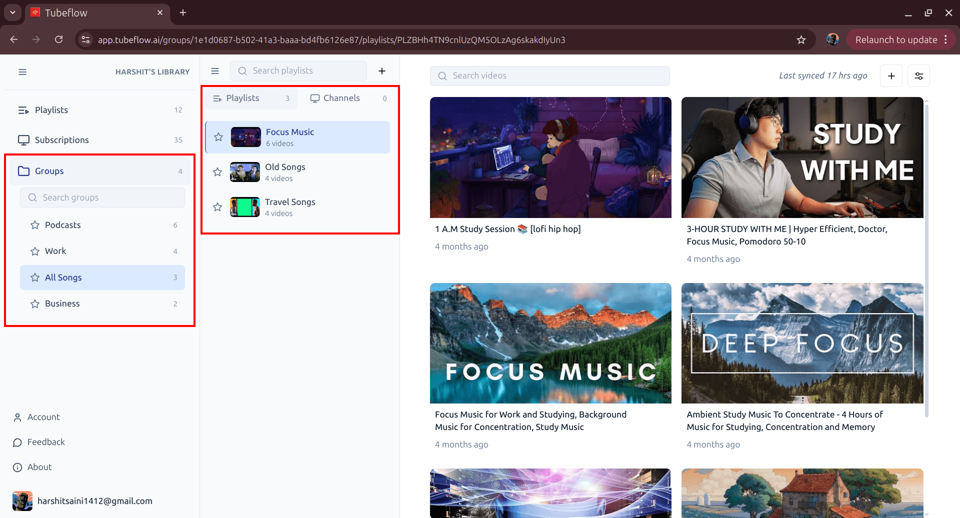 New group selected in sidebar showing grouped playlists in TubeFlow