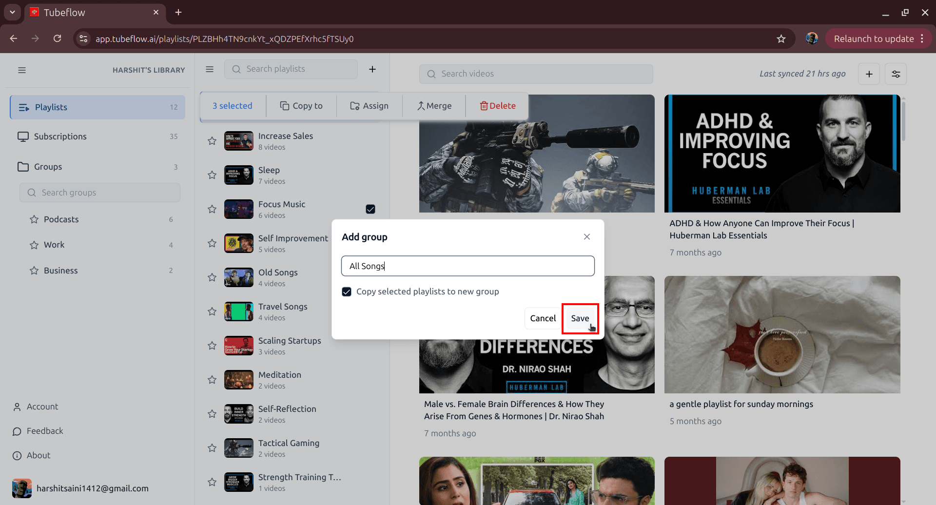Add group dialog with group name and Save button in TubeFlow