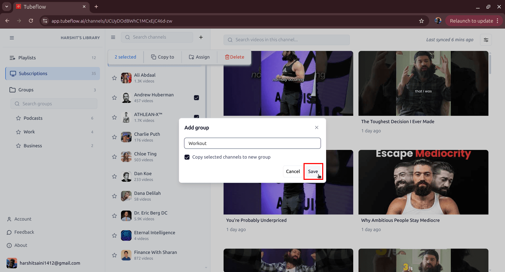 Add group dialog for channels with group name and Save button in TubeFlow