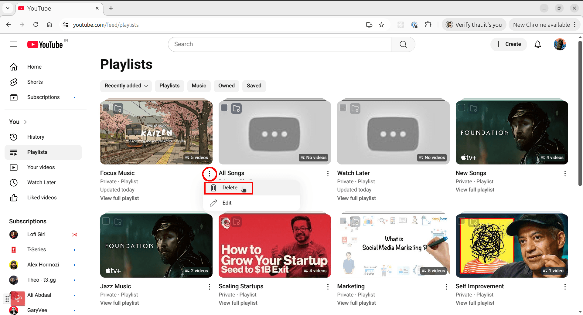 Clicking the three dots menu on a YouTube playlist and selecting the Delete option