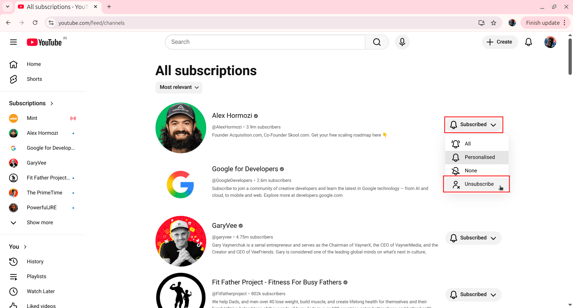 Opening the subscribe menu and clicking Unsubscribe