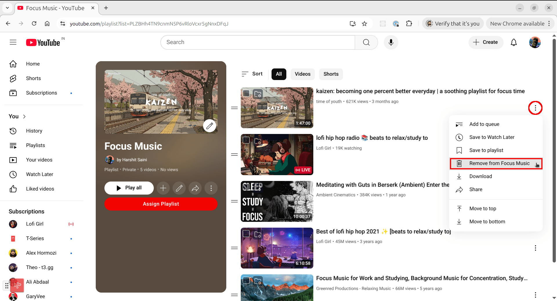 Open video menu and remove video from playlist