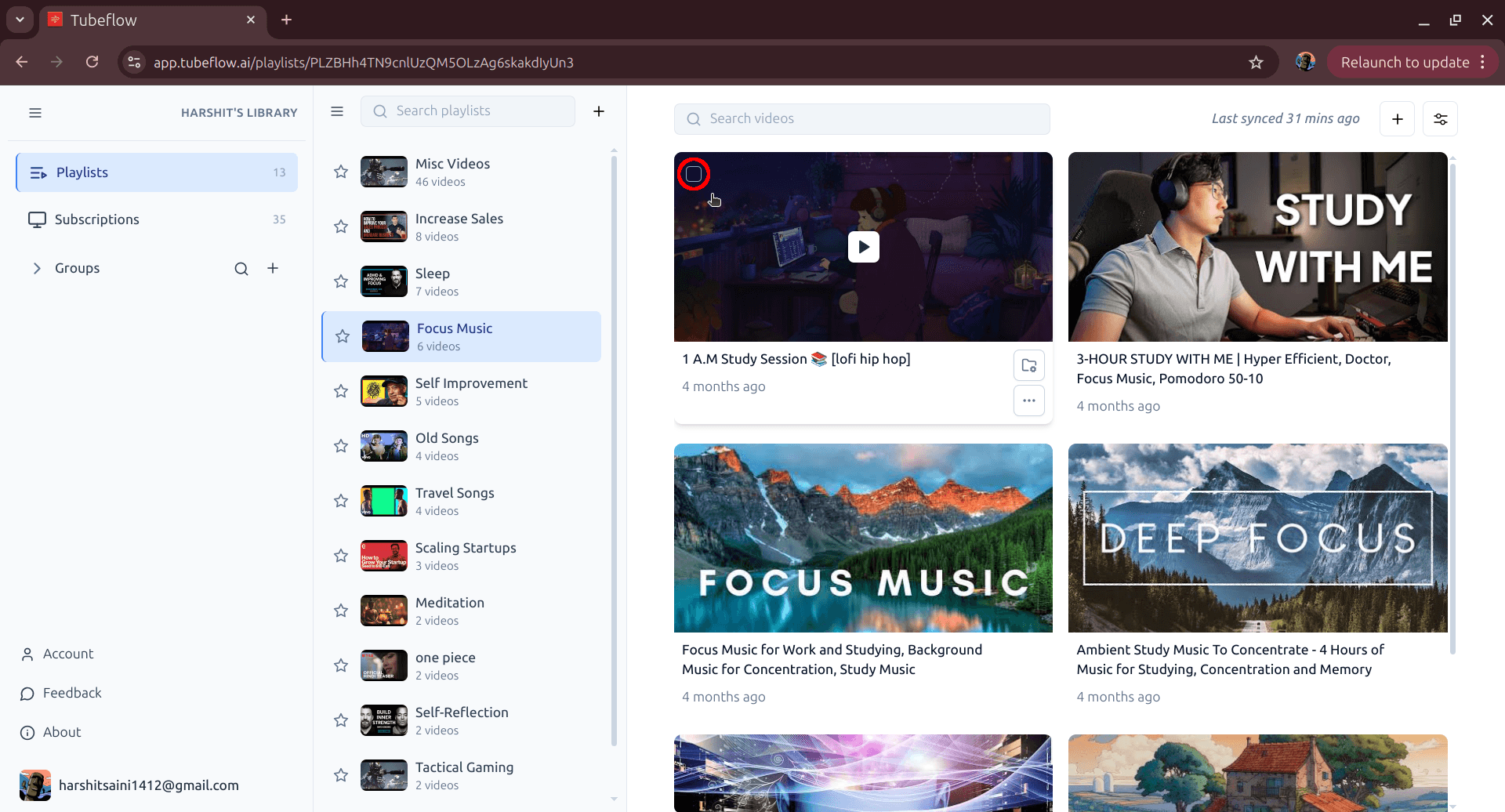 TubeFlow source playlist view with video checkbox location highlighted