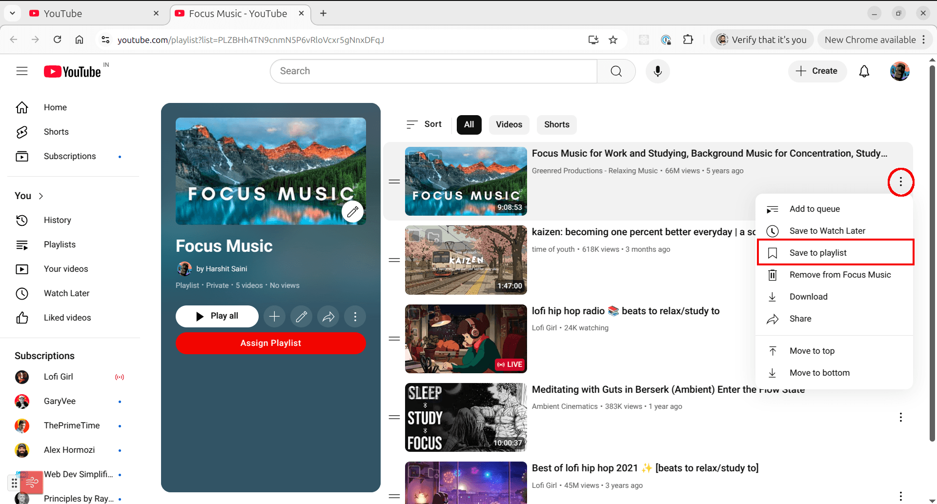 Clicking on video menu to access Save to playlist option