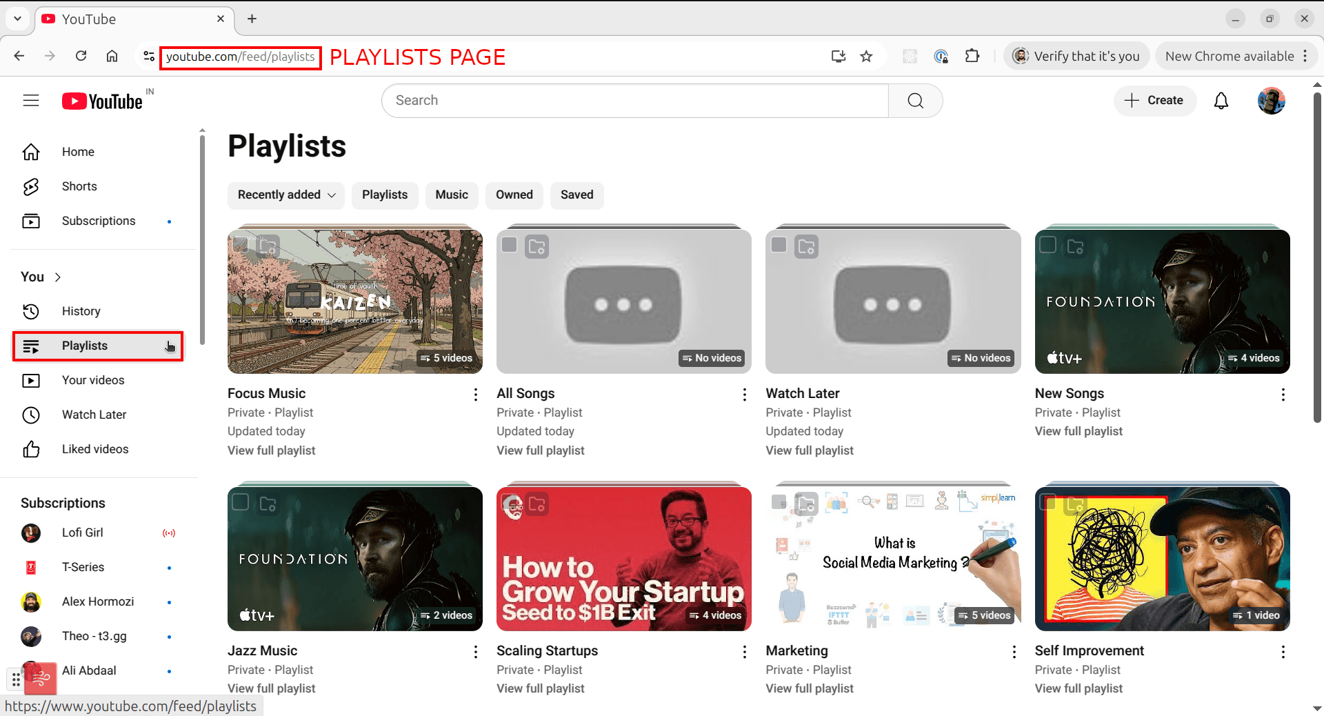 Opening YouTube playlists page - shows the playlists section in the left sidebar and the main playlists page