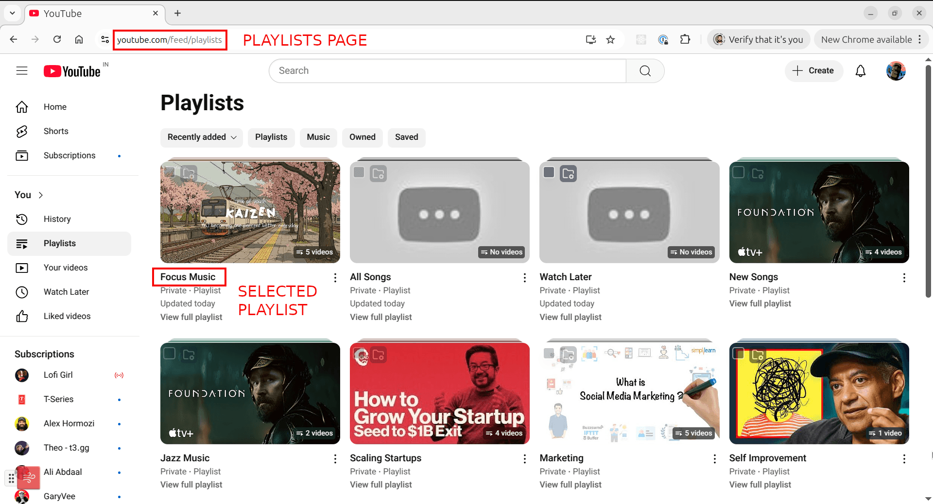 YouTube playlists page showing all saved playlists