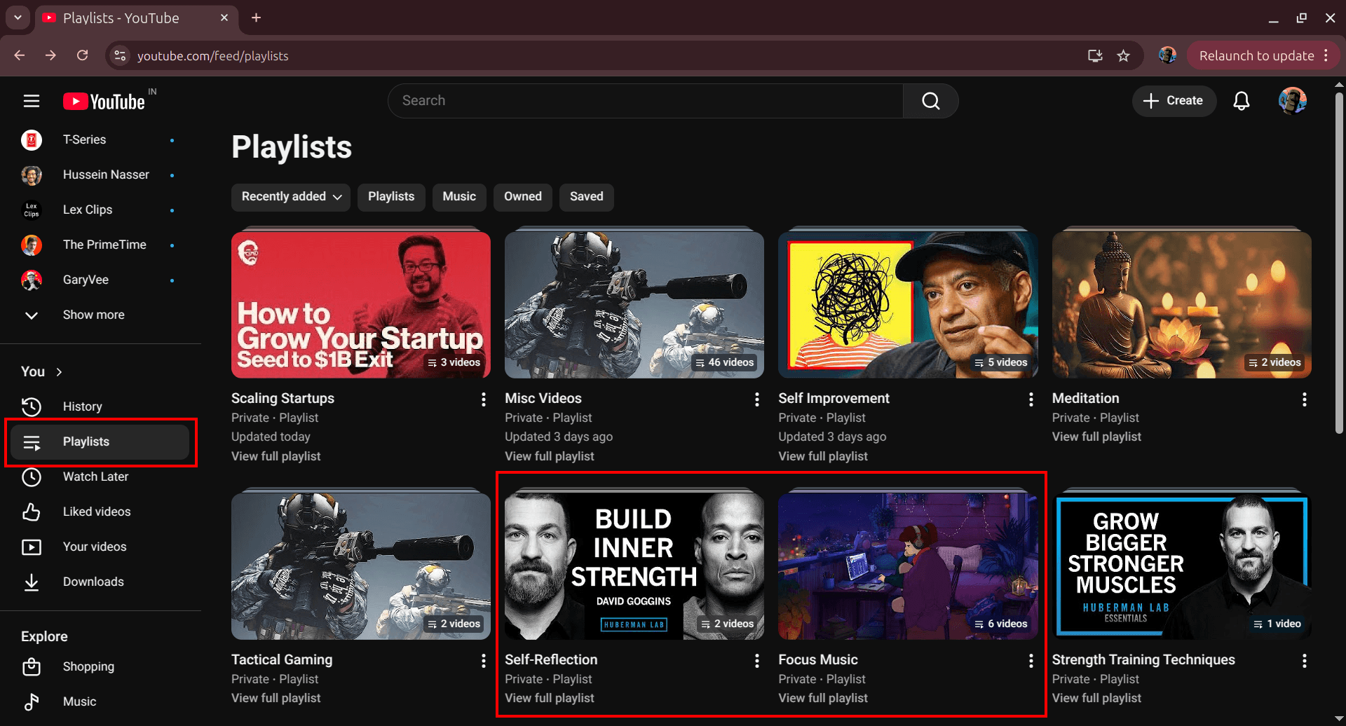 YouTube Playlists page showing source and final playlists