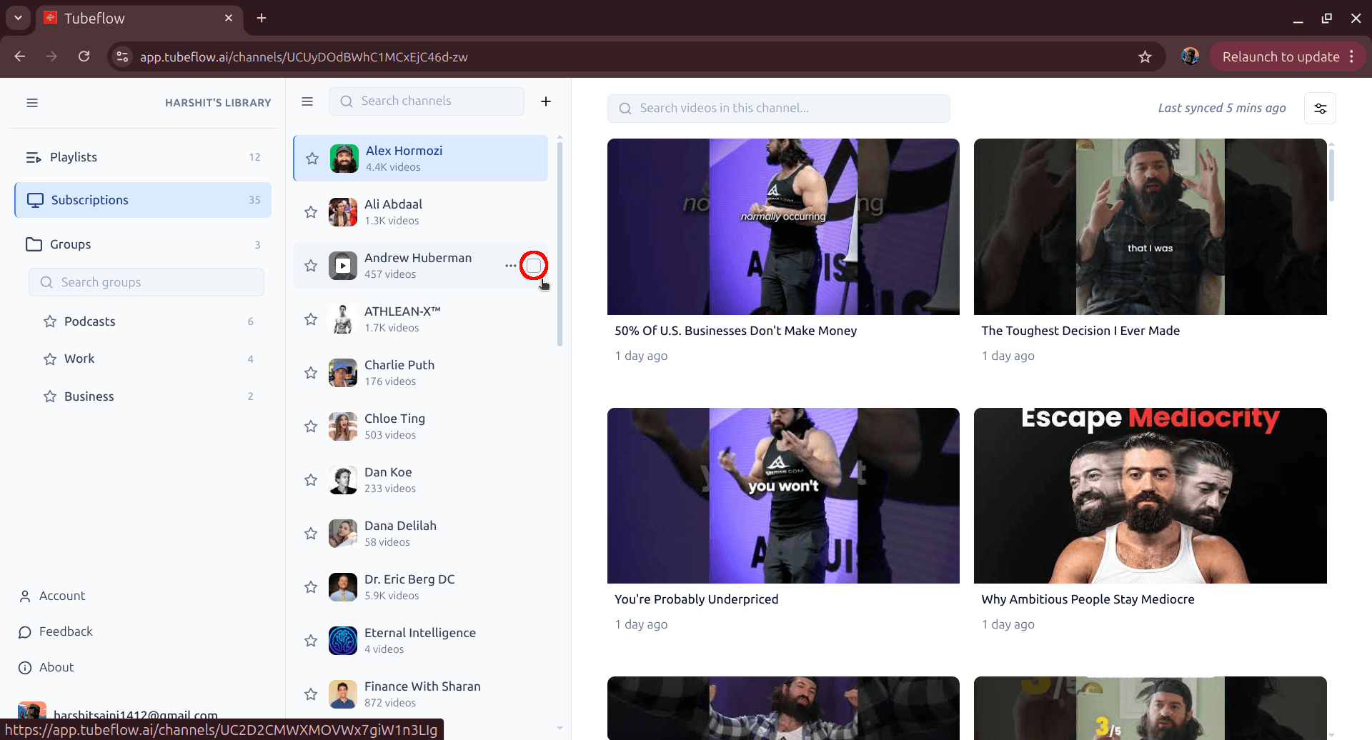 TubeFlow Subscriptions view in left sidebar