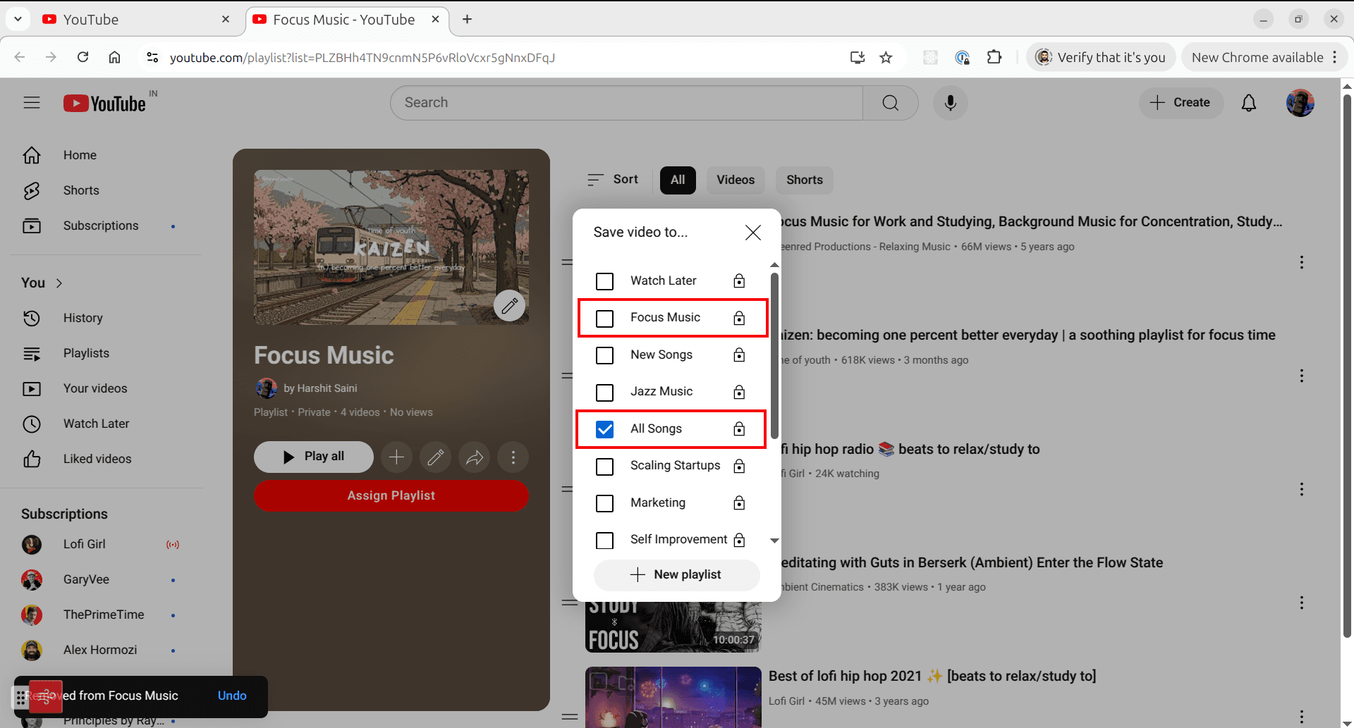 Final state after selecting destination playlist