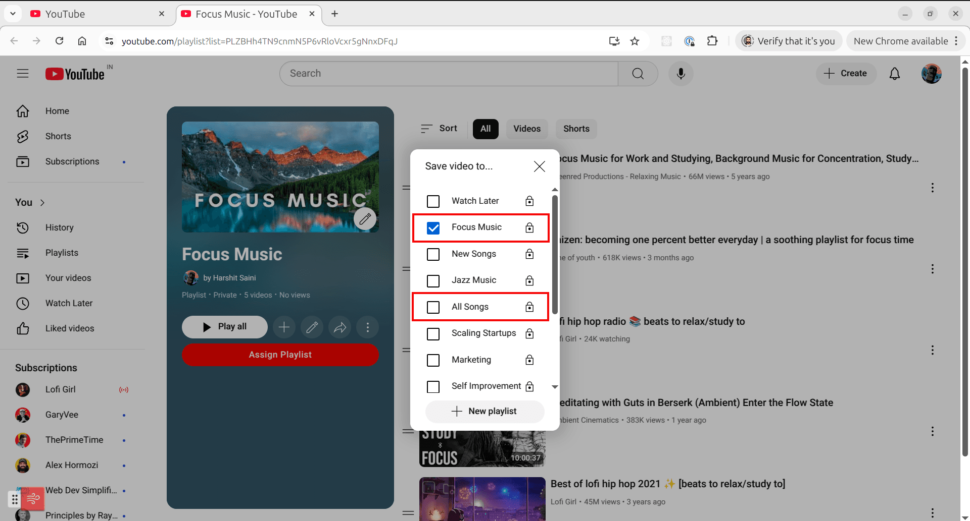 Initial state of playlist menu showing current playlist selected