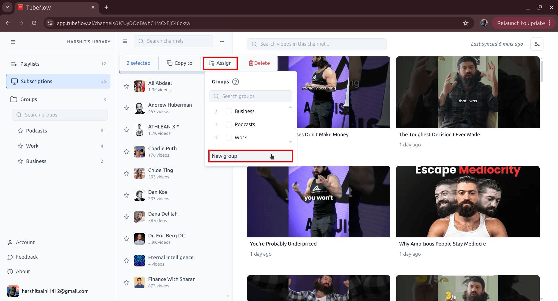 Using Assign action and selecting New group for channels in TubeFlow