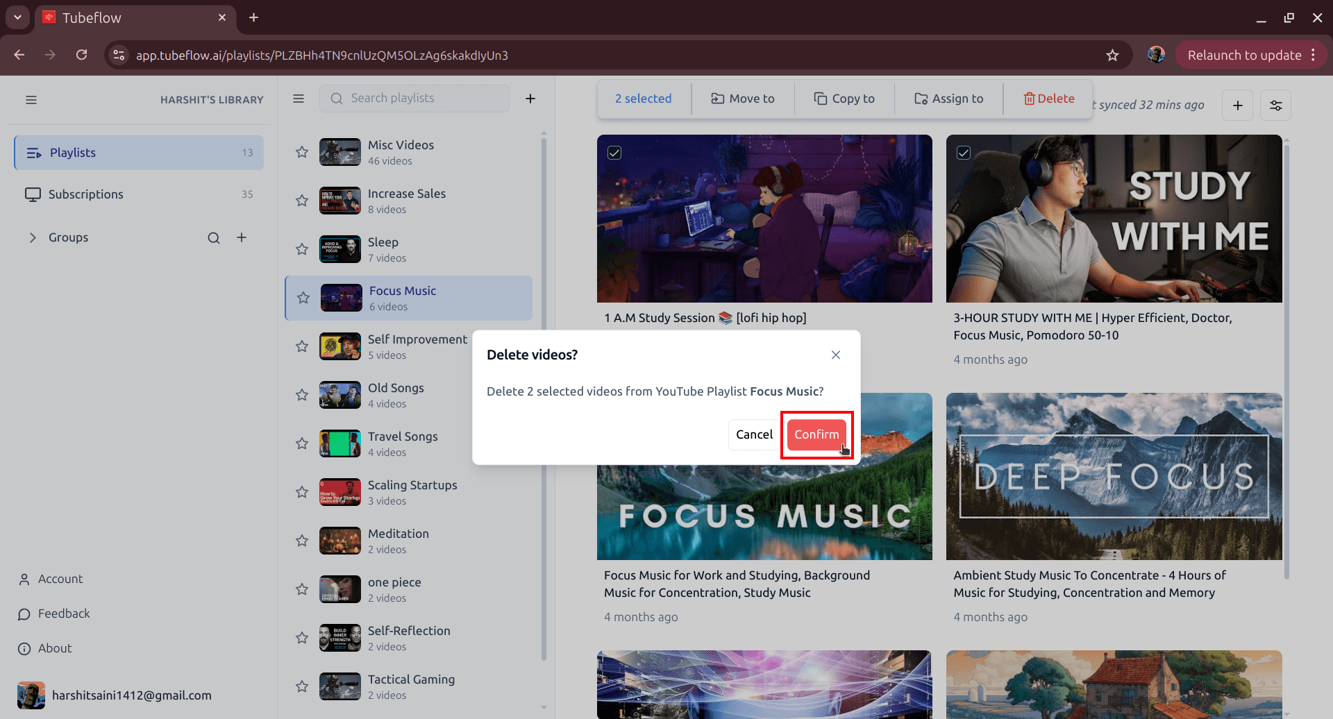 Delete videos confirmation popup in Tubeflow