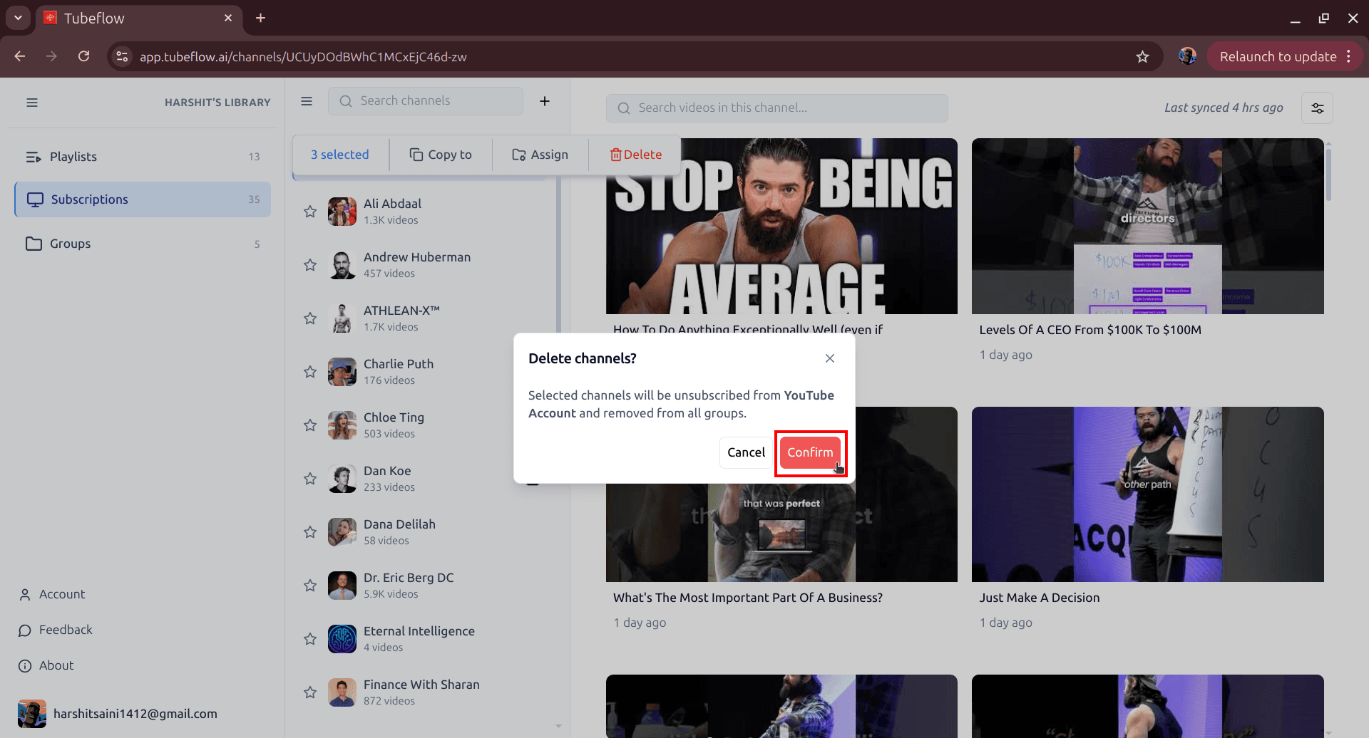 Delete channels confirmation popup in Tubeflow