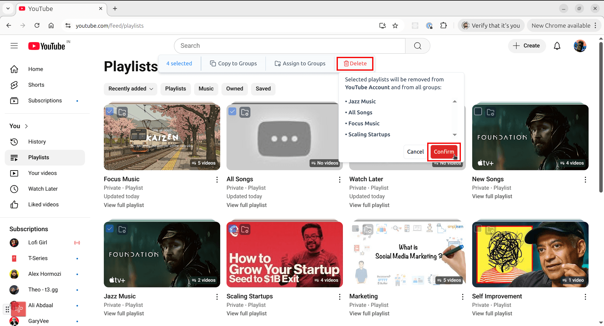 Tubeflow bulk delete menu showing the Delete button and confirmation dialog