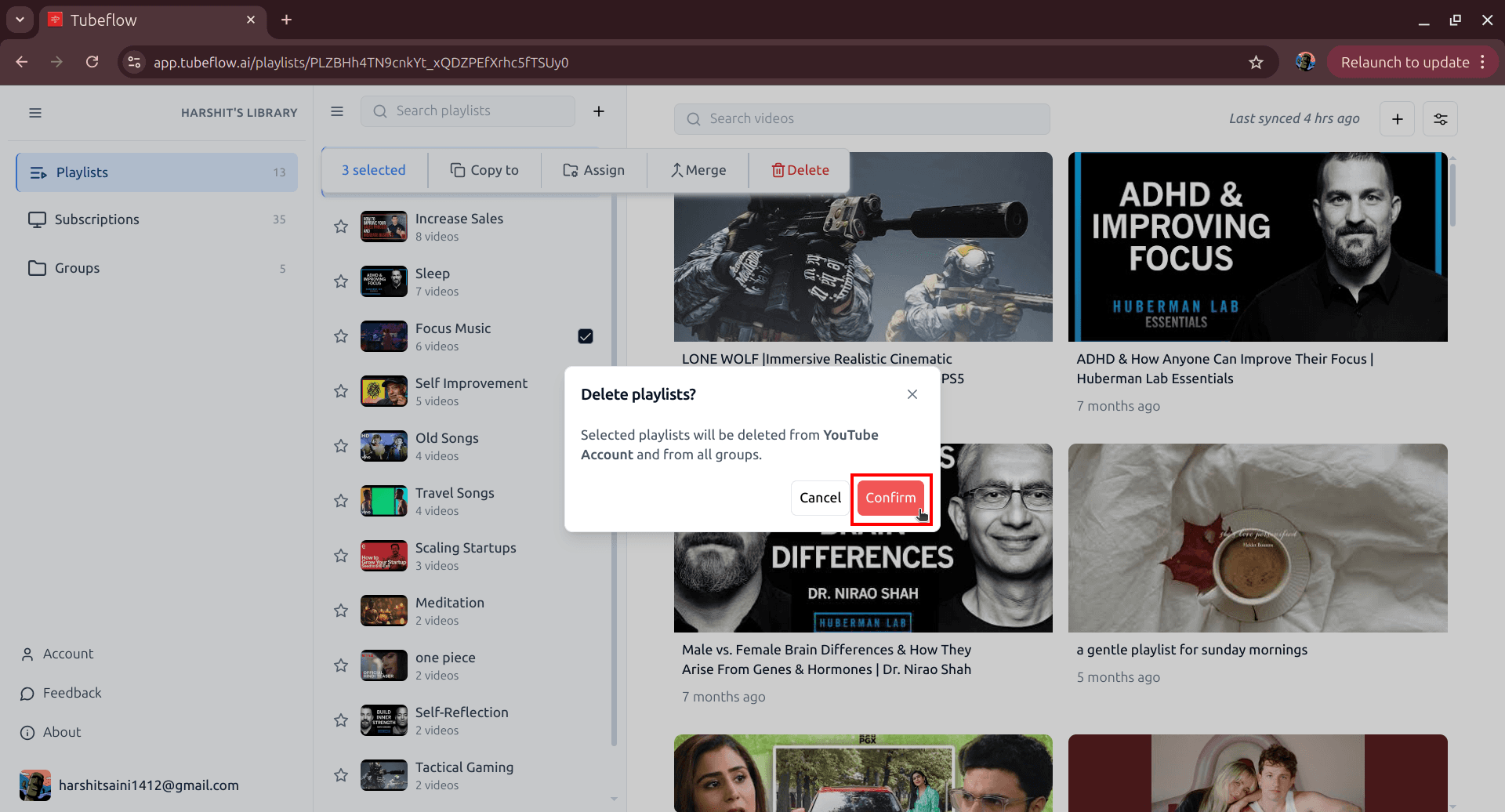 Delete playlists confirmation popup in Tubeflow