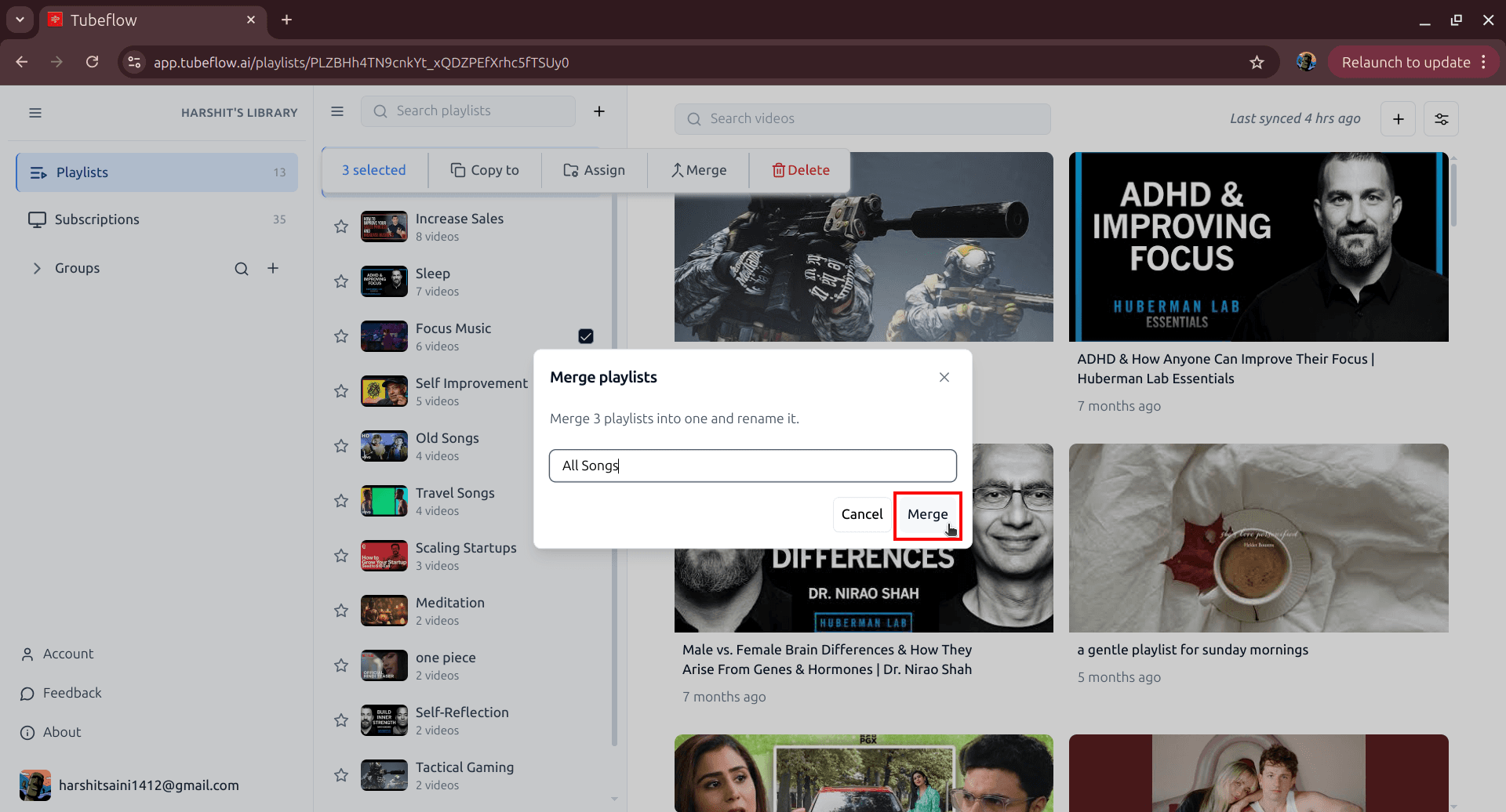 Merge playlists dialog with name input and Merge confirm button