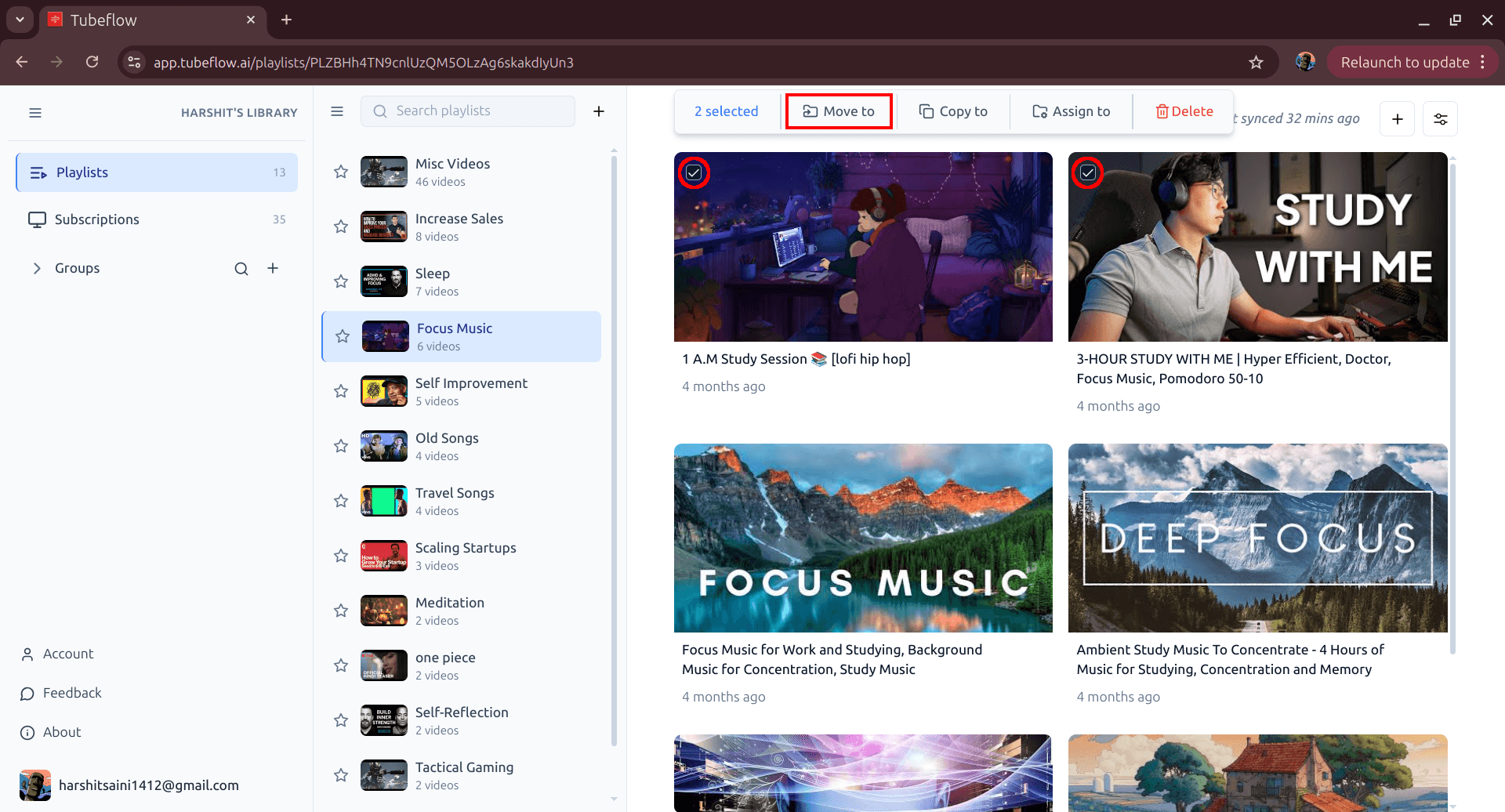 Selecting multiple videos in TubeFlow with action bar visible