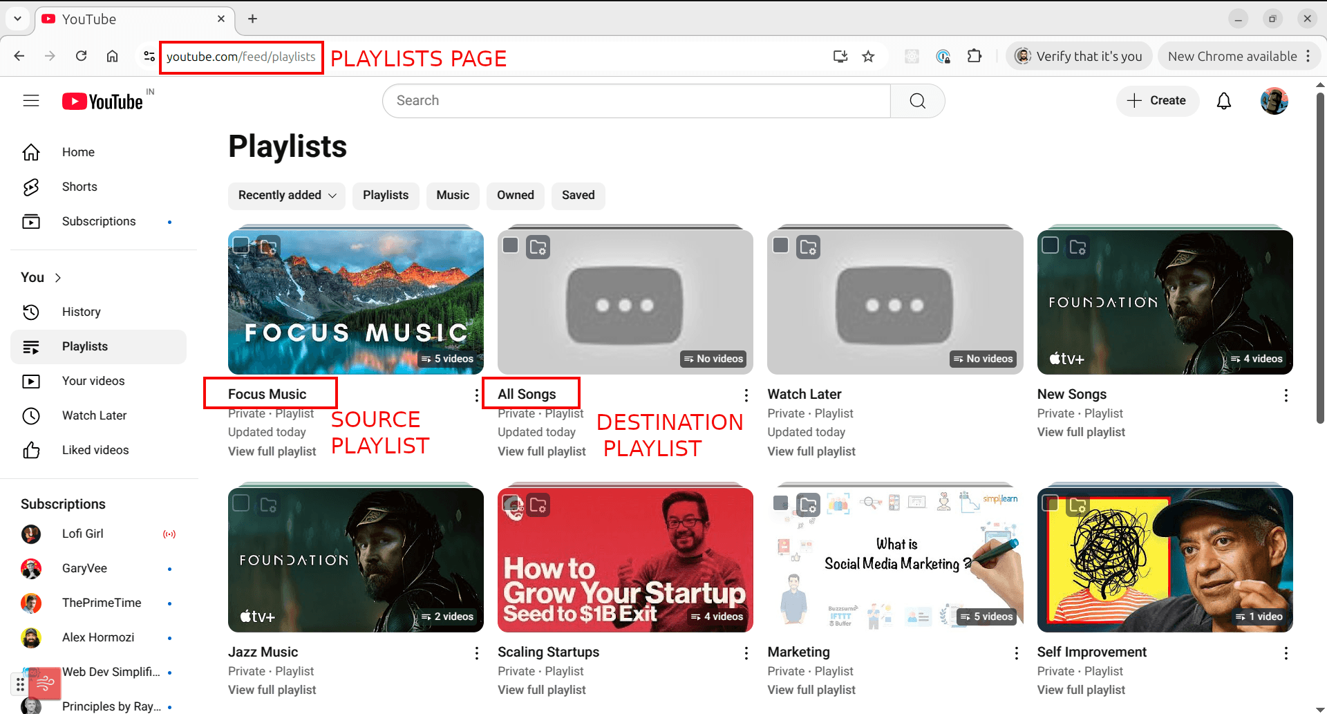 YouTube playlists page showing all saved playlists