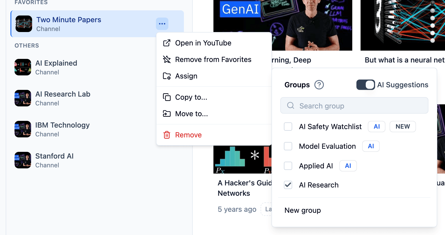TubeFlow channel assign menu showing AI group suggestions