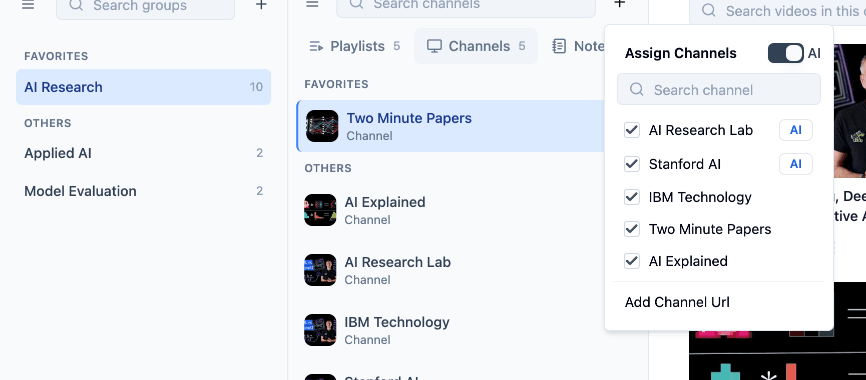 TubeFlow group add channel menu showing AI channel suggestions