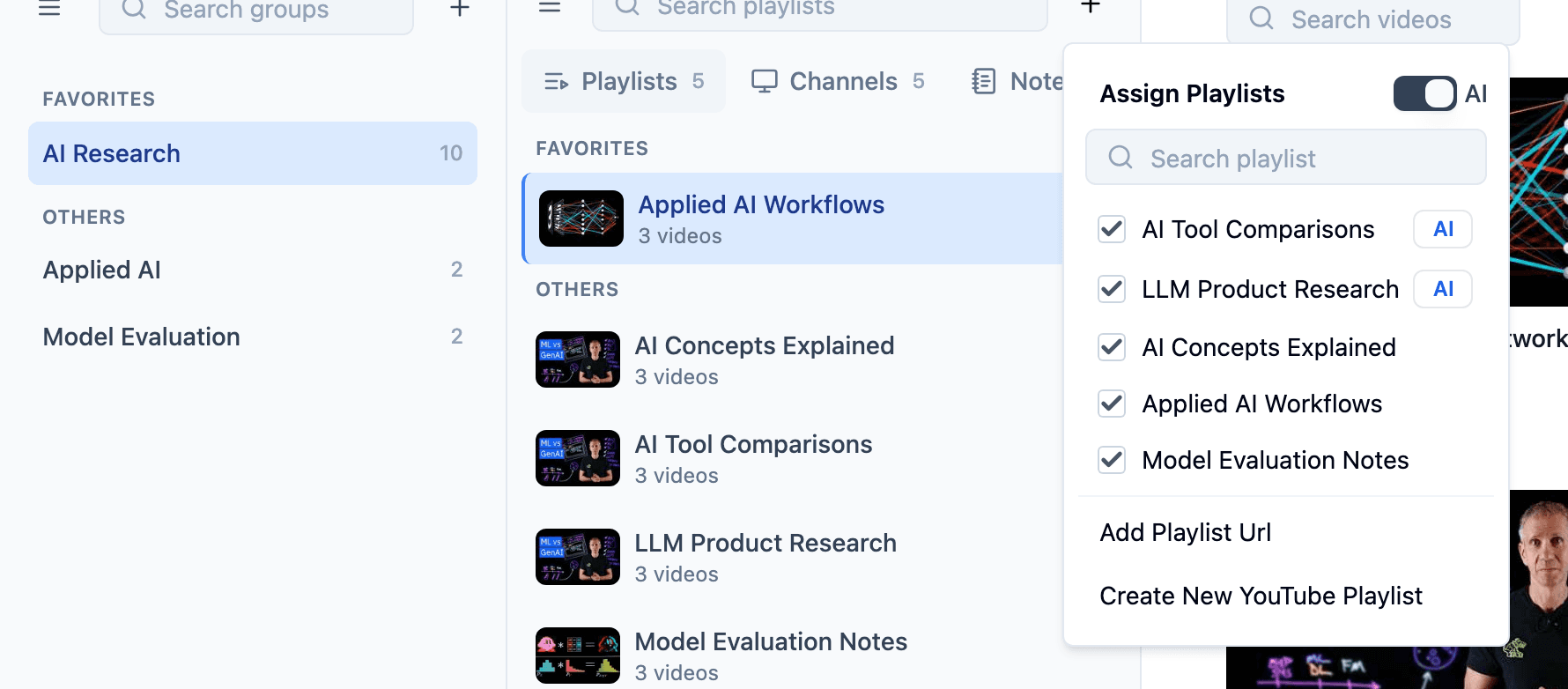 TubeFlow group add playlist menu showing AI playlist suggestions