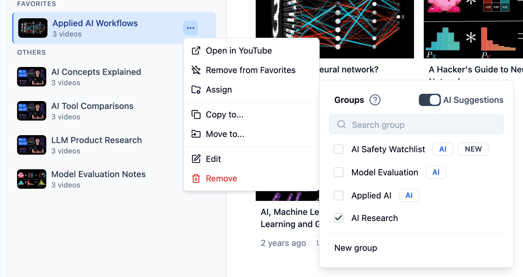 TubeFlow playlist assign menu showing AI group suggestions
