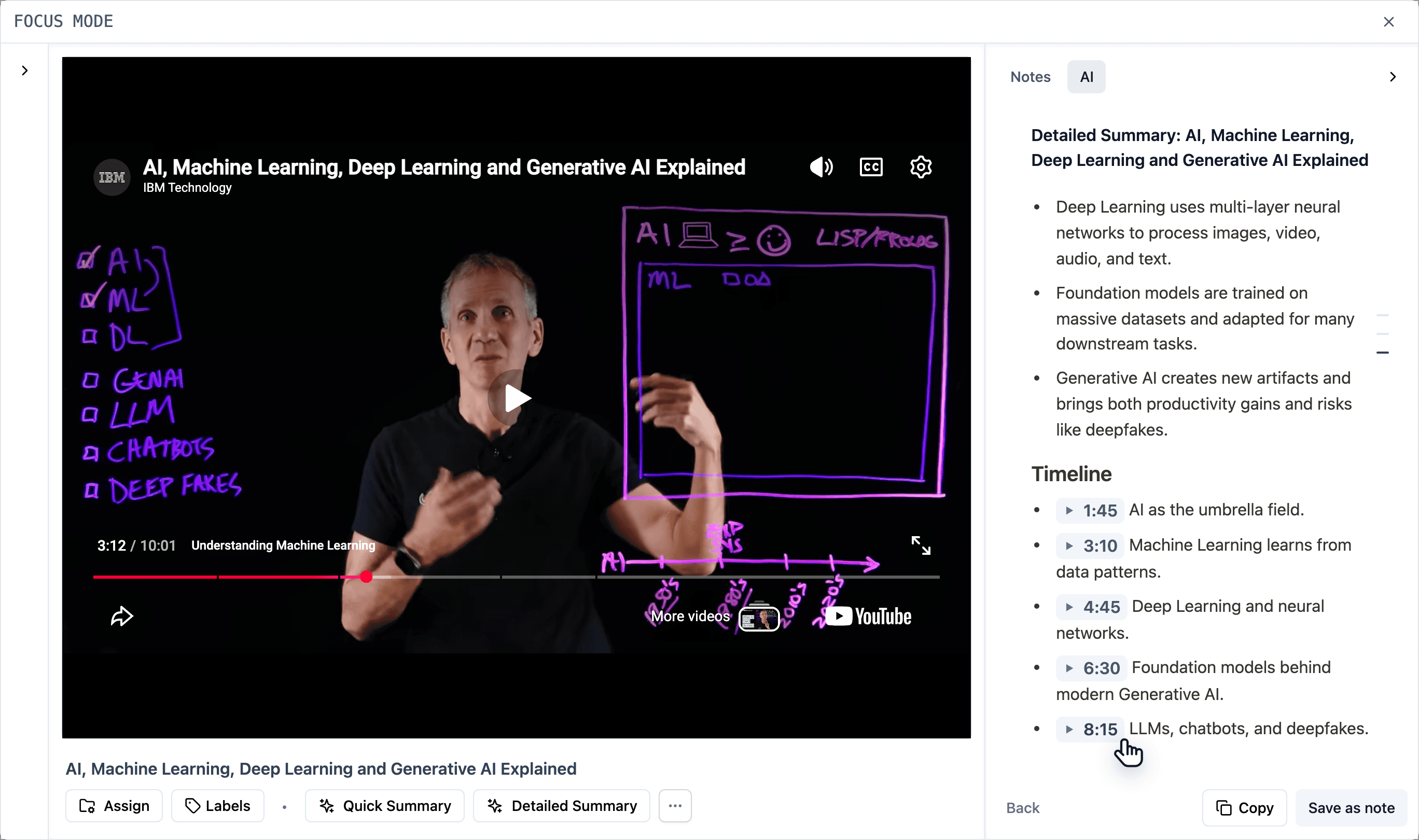 TubeFlow Focus Mode with a YouTube video open and an AI summary panel beside it