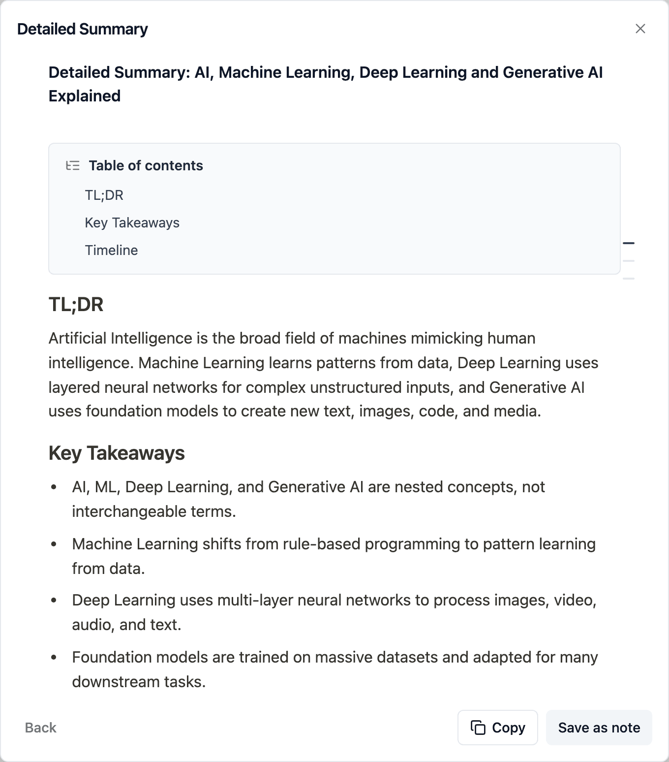 TubeFlow detailed AI summary with key takeaways, timestamp context, and save as note action