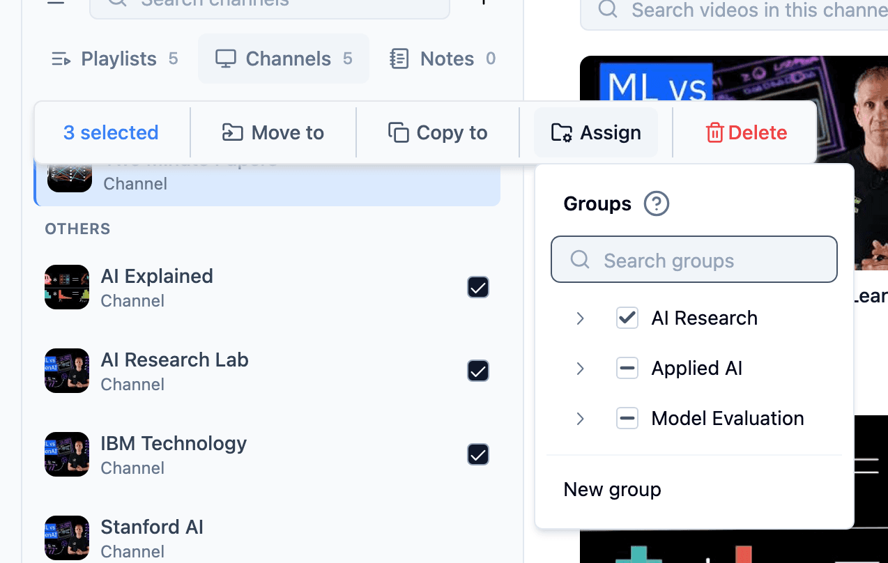 TubeFlow channels view with selected channels and the bulk assign to groups menu open