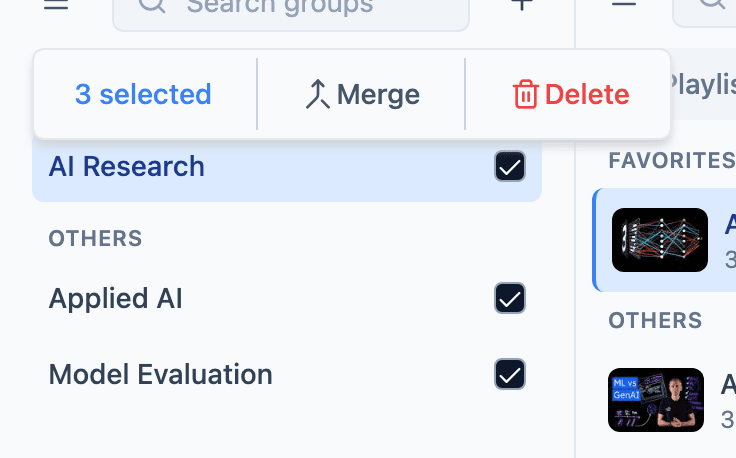 TubeFlow groups list with multiple research groups selected and merge and delete bulk actions visible