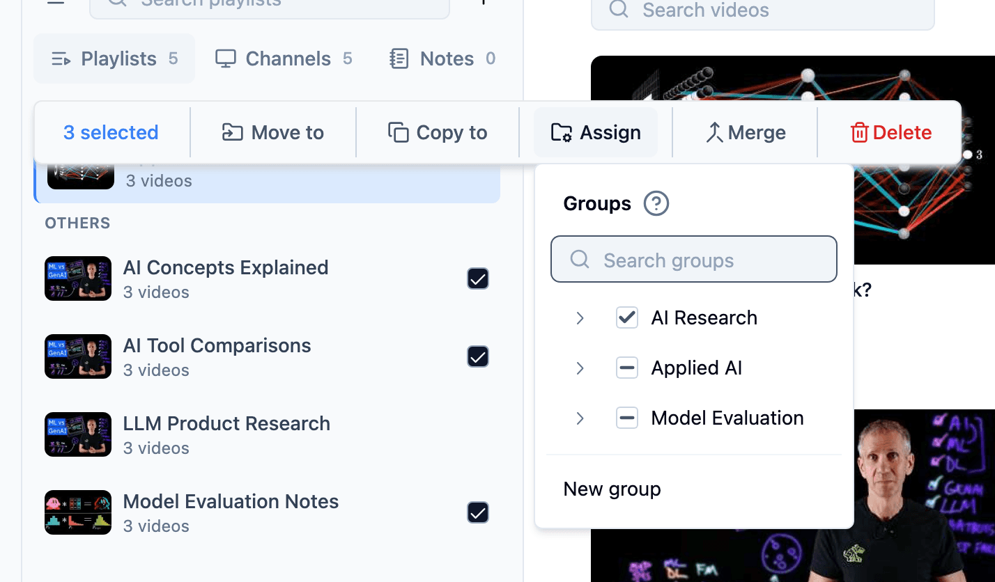 TubeFlow playlists view with selected playlists and the bulk assign to groups menu open