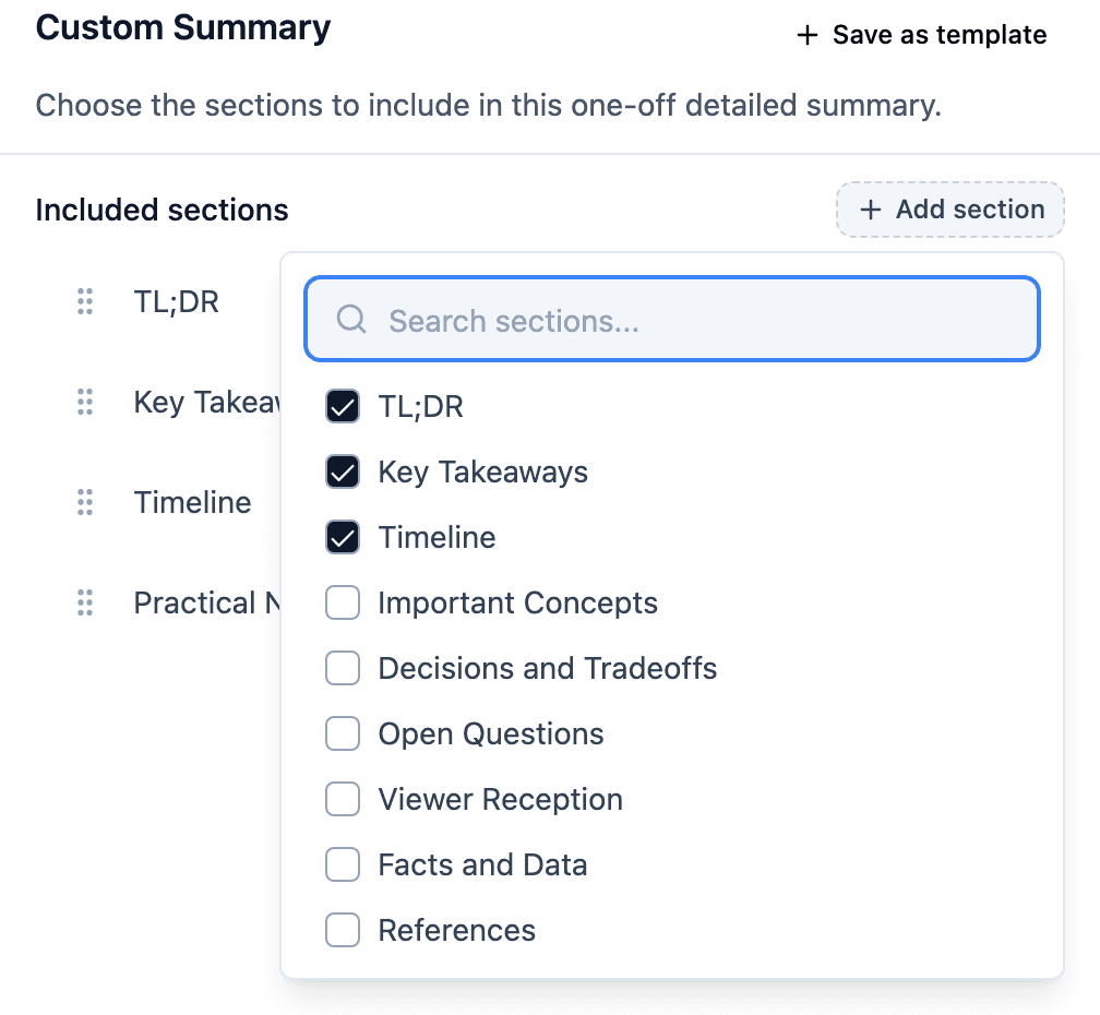 TubeFlow Custom Summary configuration with selectable sections and Generate Summary action
