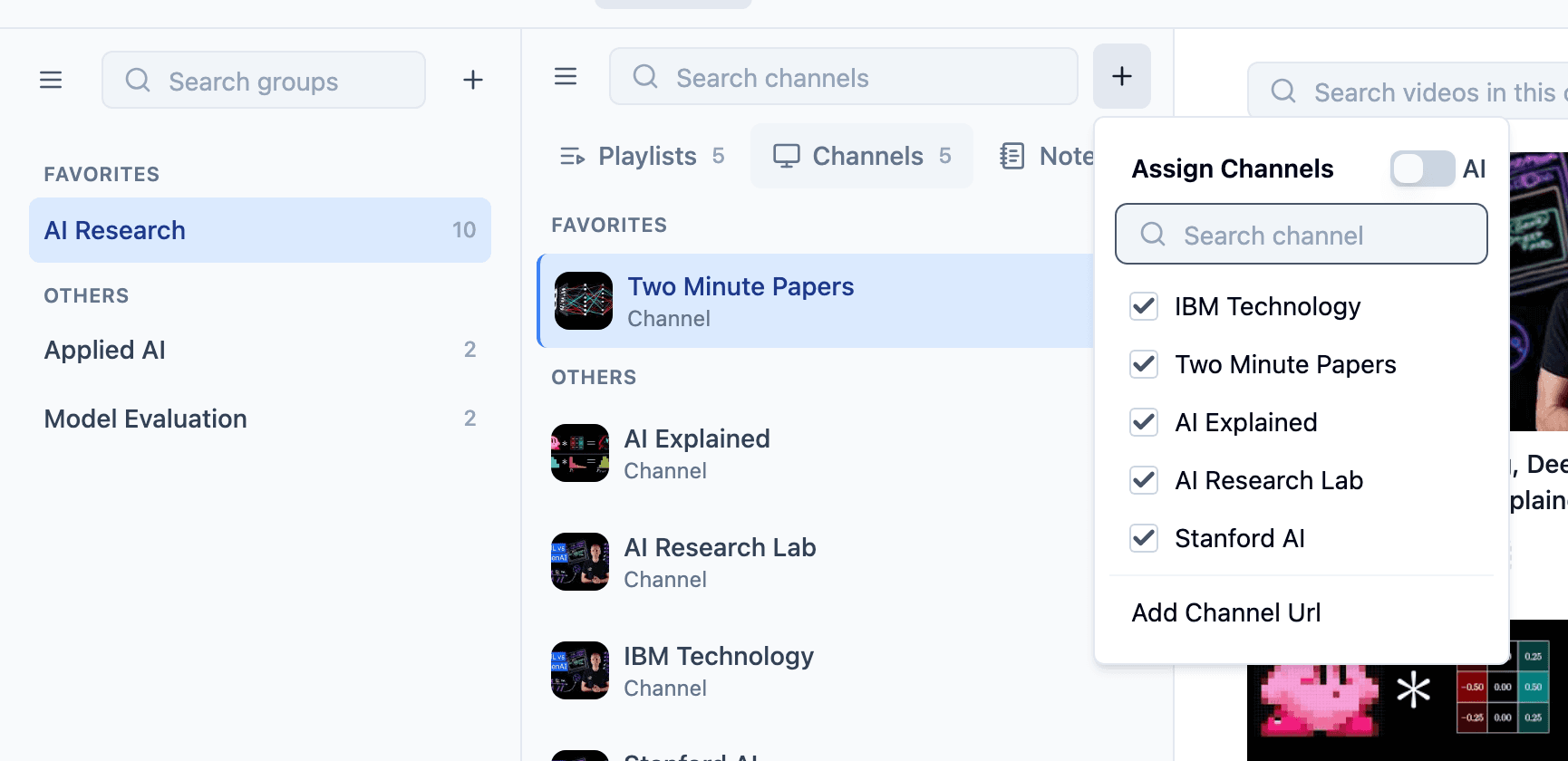 TubeFlow Research Groups view with AI Research selected and the add channels menu open