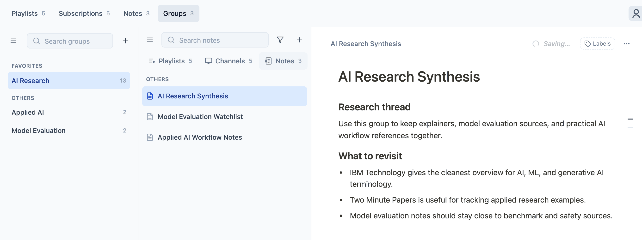 TubeFlow AI Research group with the grouped notes tab open and an AI research synthesis note selected