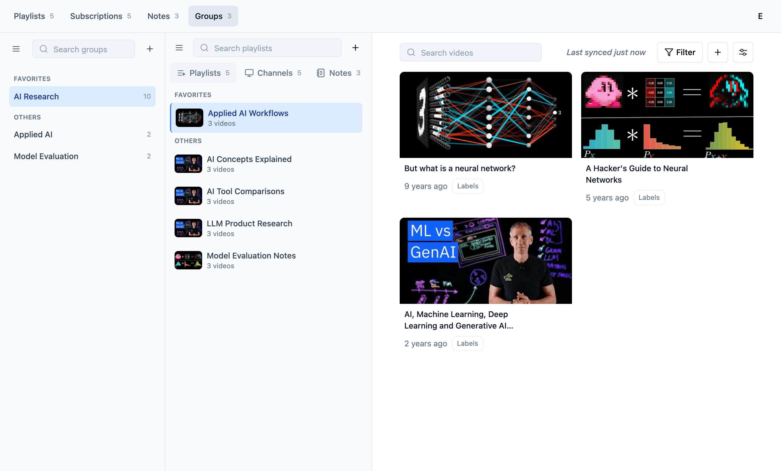 TubeFlow AI Research group showing related playlists, channels, notes, and saved research videos in one workspace