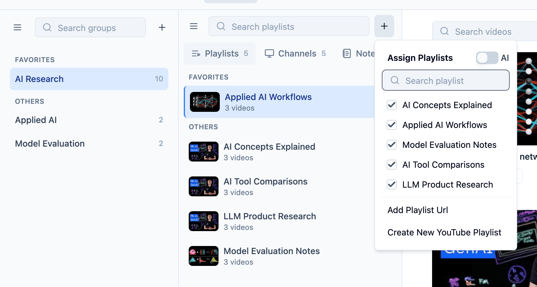 TubeFlow Research Groups view with AI Research selected and the add playlists menu open