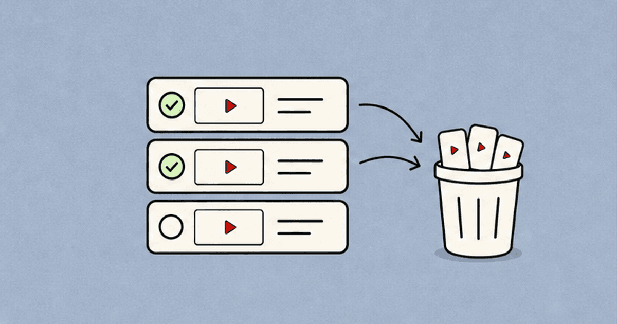 Selected YouTube playlist video rows being moved into a trash bin