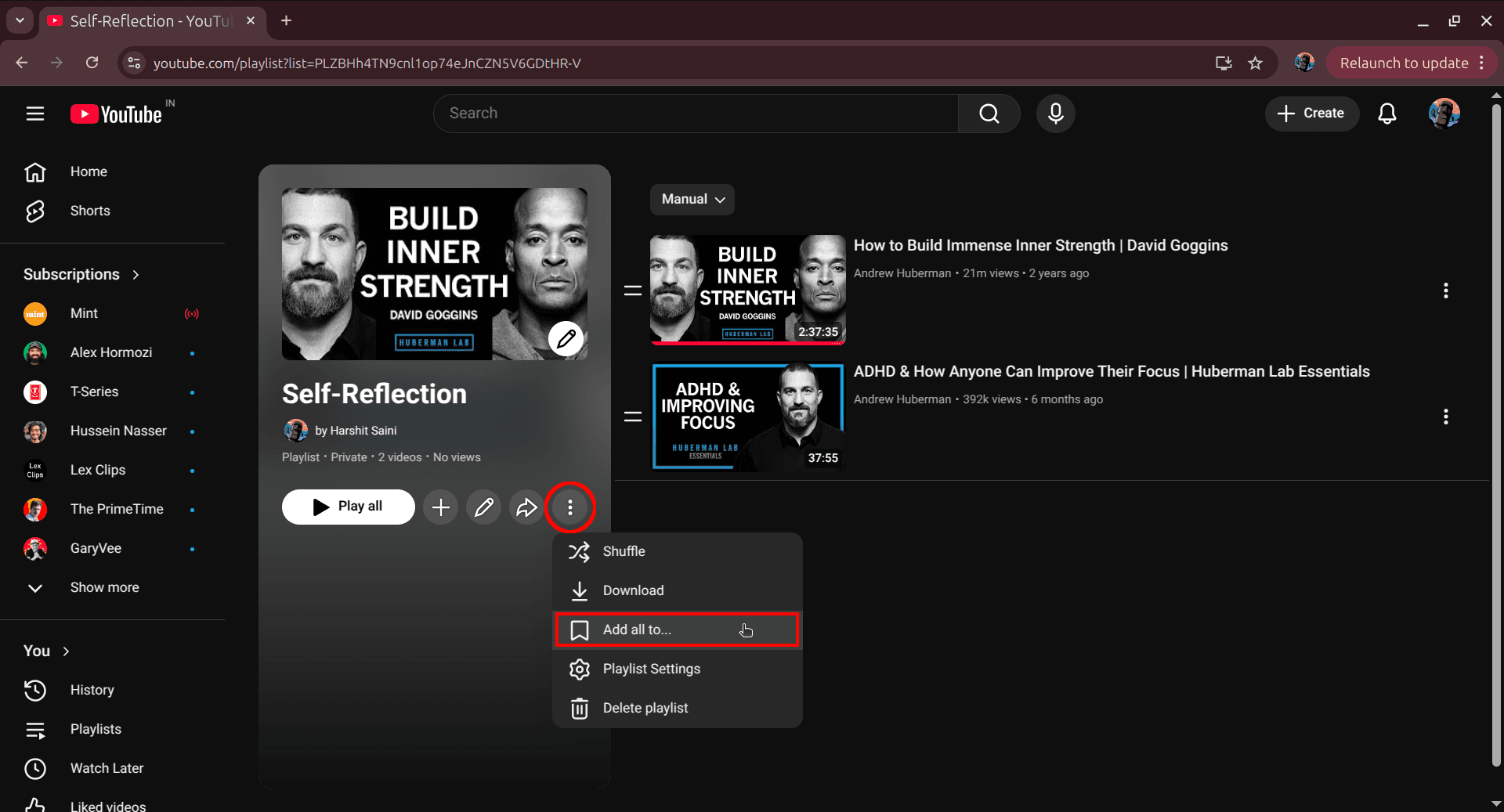 Secondary playlist options menu with Add all to selected