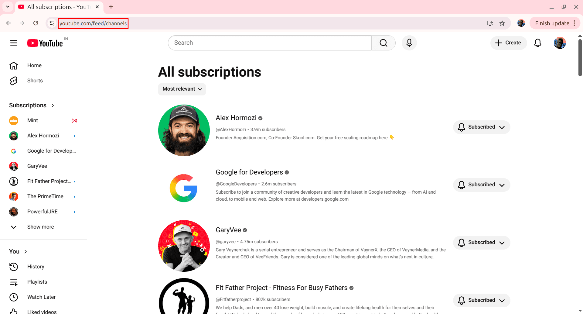 YouTube channels page showing subscriptions list