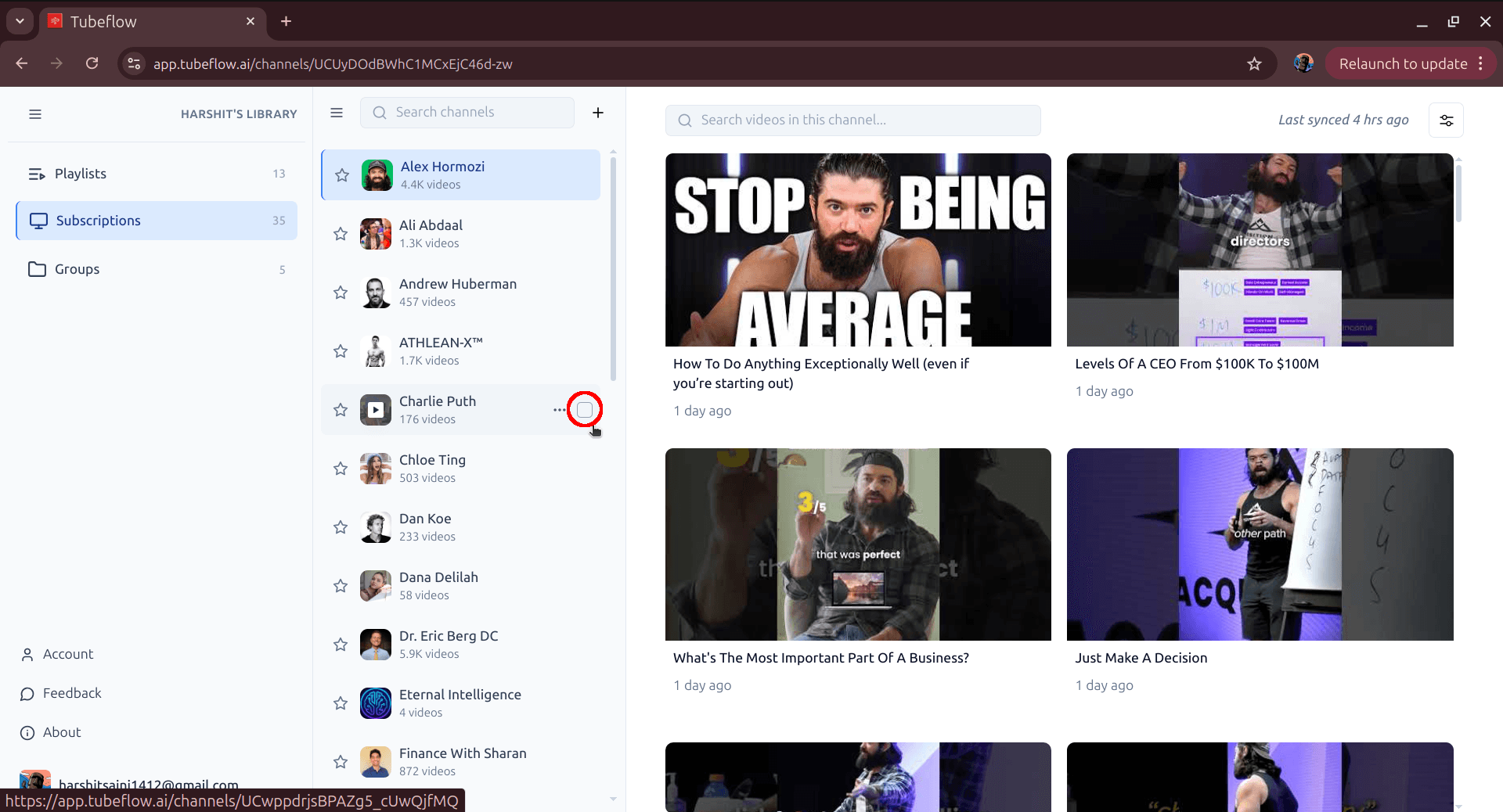 TubeFlow Subscriptions page with channel list