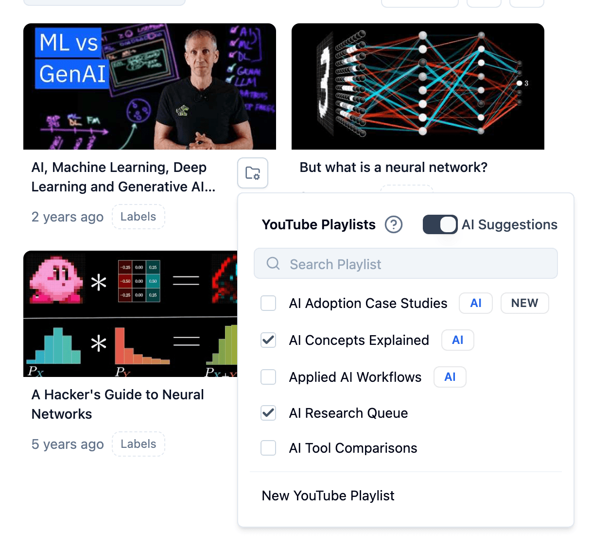 TubeFlow video assignment menu with AI suggestions enabled