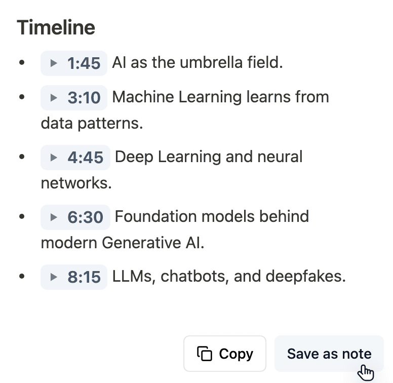 TubeFlow AI panel with timeline links and the Save as note action highlighted