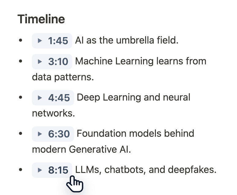 TubeFlow AI panel with a detailed summary timeline and a timestamp link selected