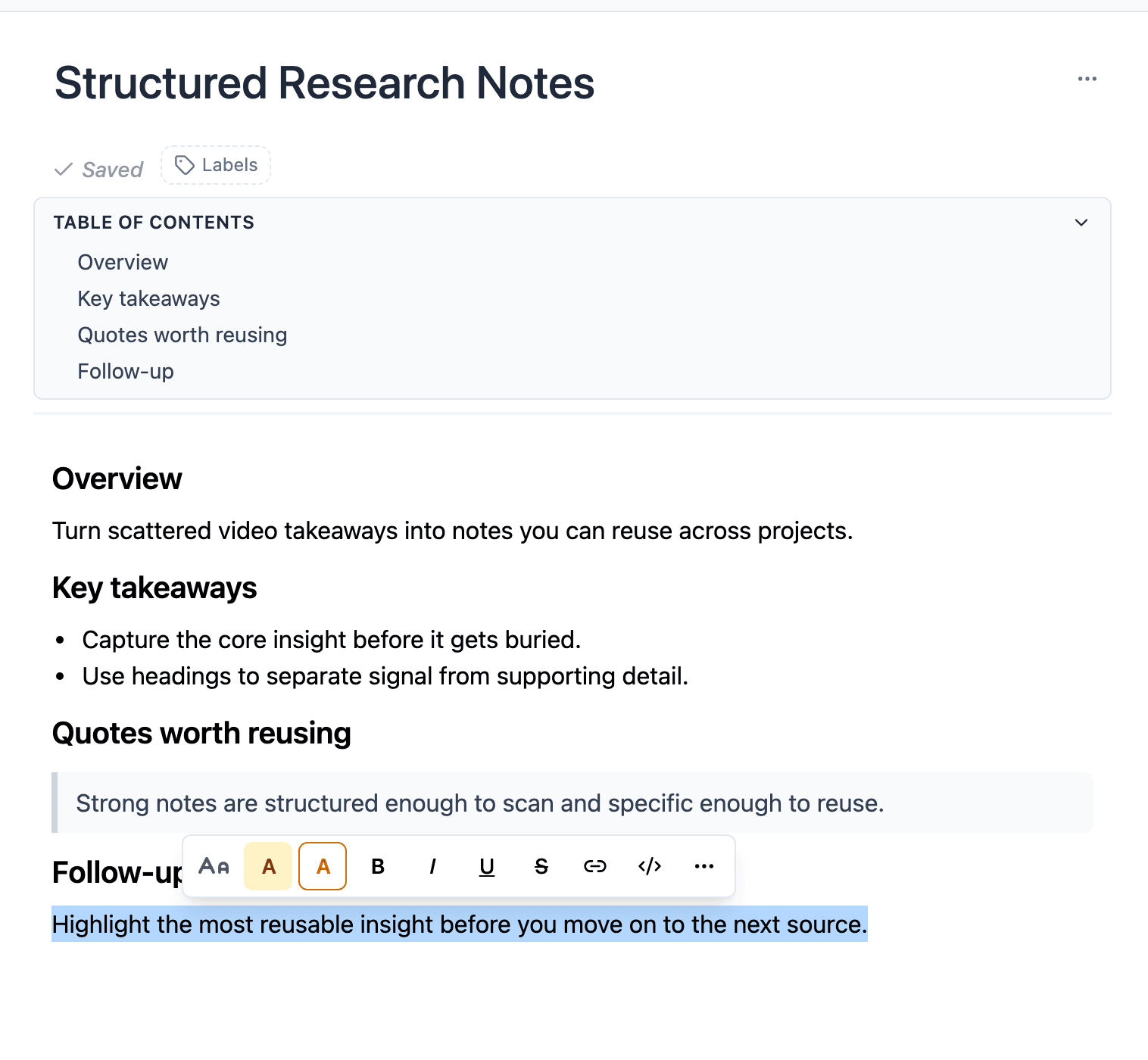 TubeFlow notes editor showing the table of contents and formatting menu