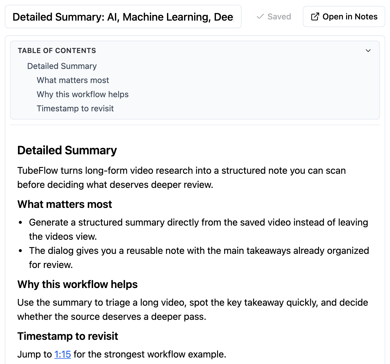TubeFlow playlist videos view showing a generated detailed AI summary dialog